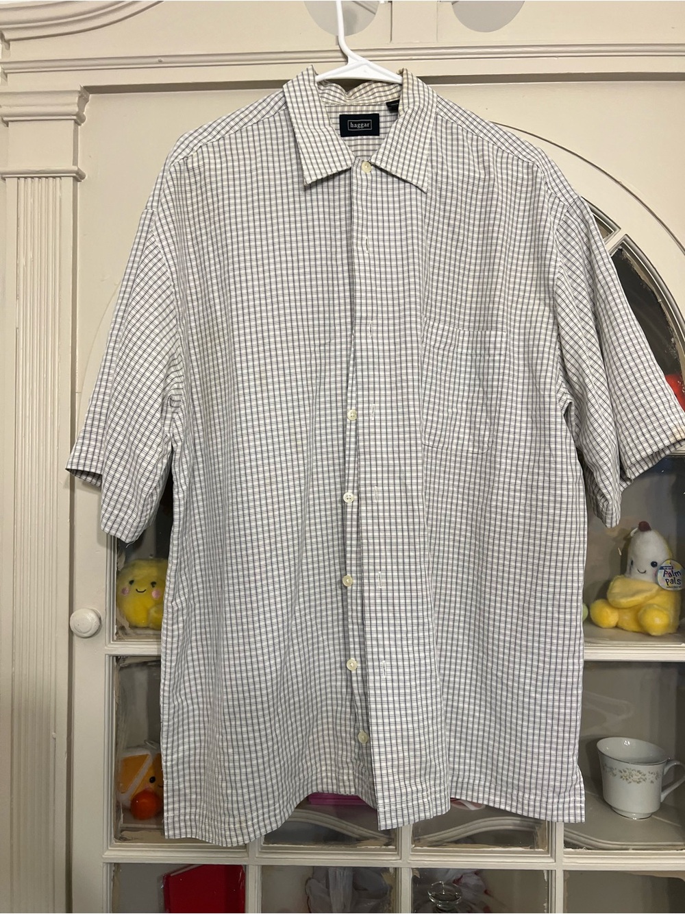 Haggar Short-Sleeve Button-Down Shirt in White and Light Gray Check